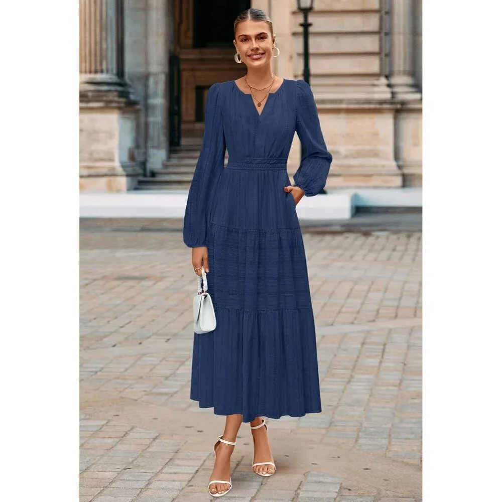 Winter Spring Midi Dresses for Women 2026 Casual Vacation Long Sleeve V Neck Tie - Picture 4 of 6